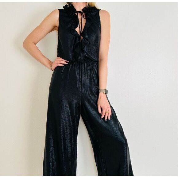 ZAC zac Posen black jumpsuit metallic black wide leg size 10 - Picture 4 of 16